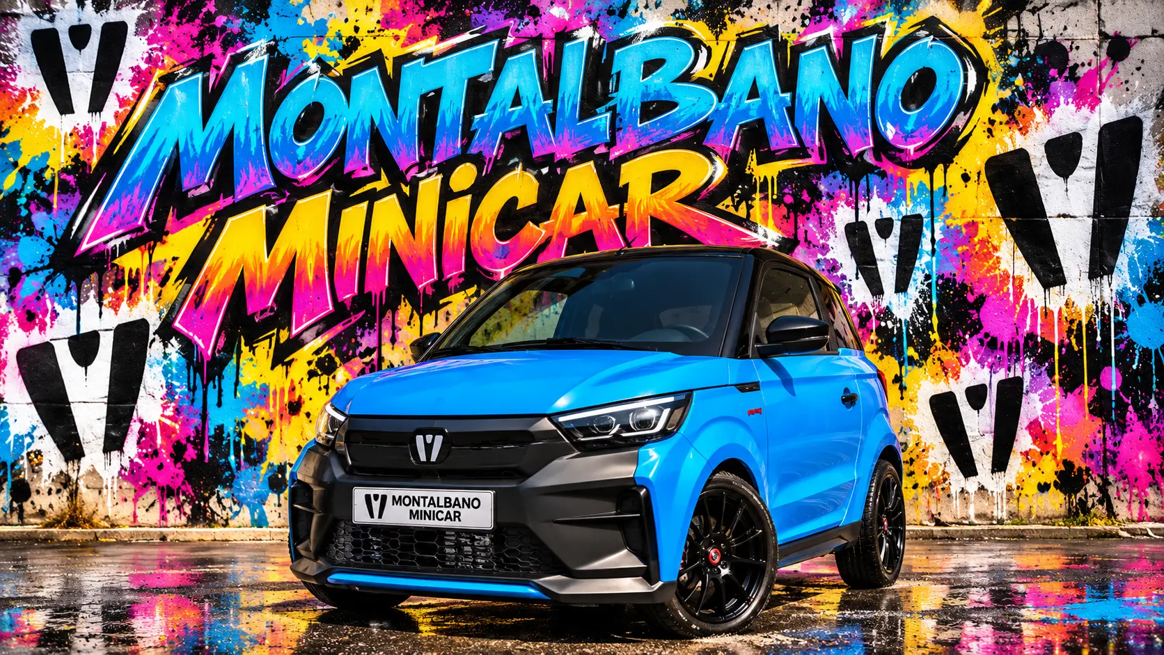 Minicar azzurra davanti a un muro di graffiti: ricambi per minicar Ligier, Aixam, Chatenet e Microcar